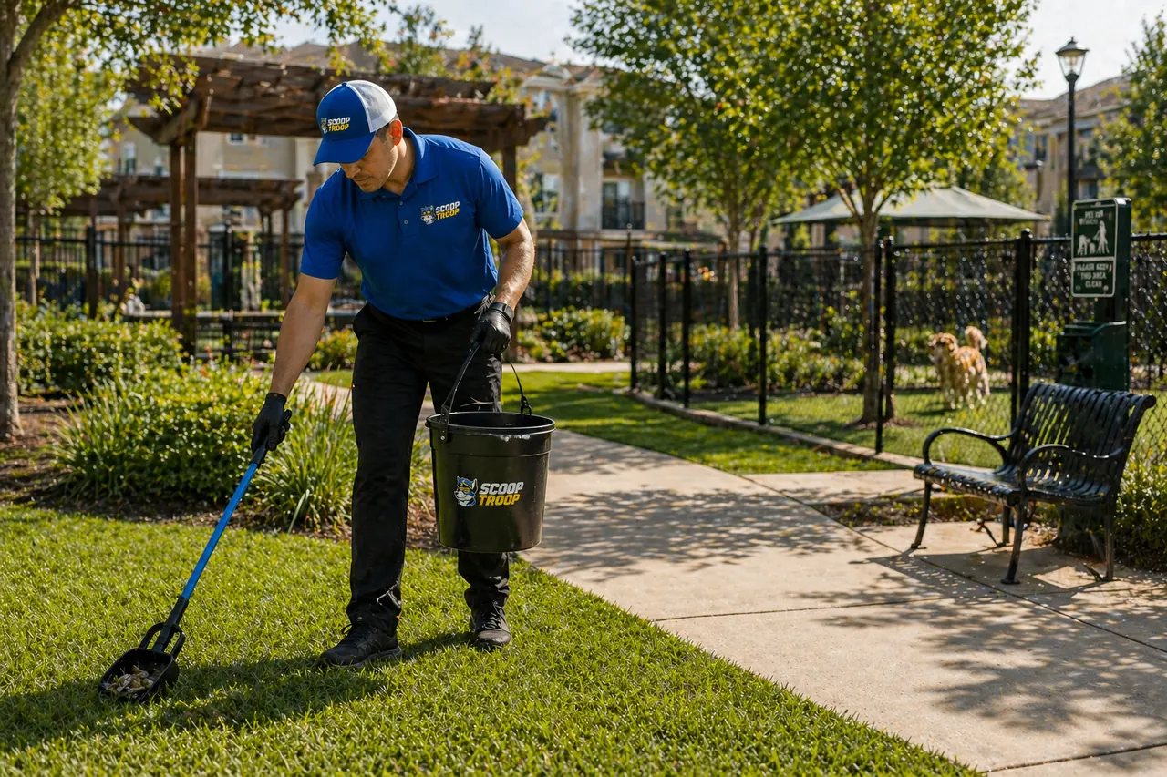 Scoop Troop technician with branded bucket and scooper cleaning the lawn at a fenced apartment community dog park