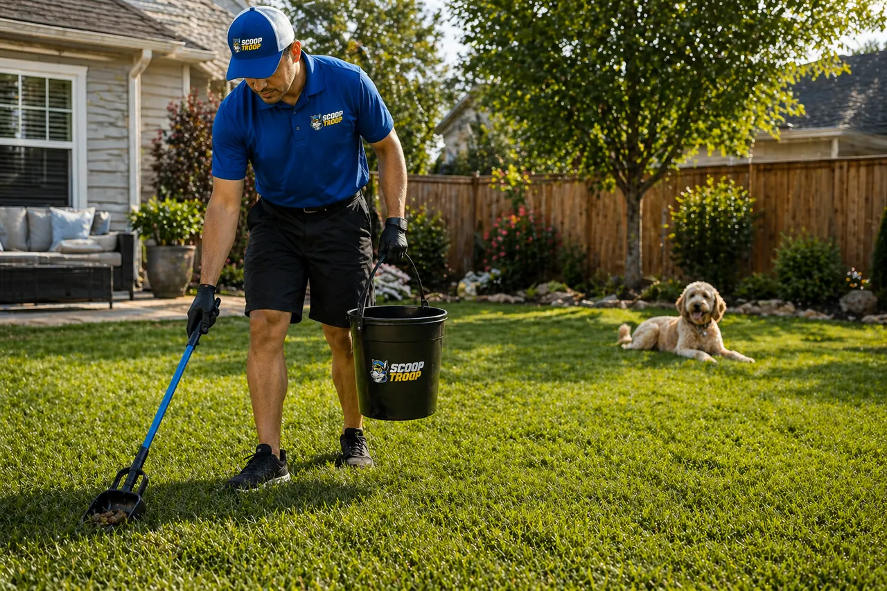 Scoop Troop technician with branded bucket and long-handled scooper cleaning a suburban backyard while a goldendoodle relaxes on the grass