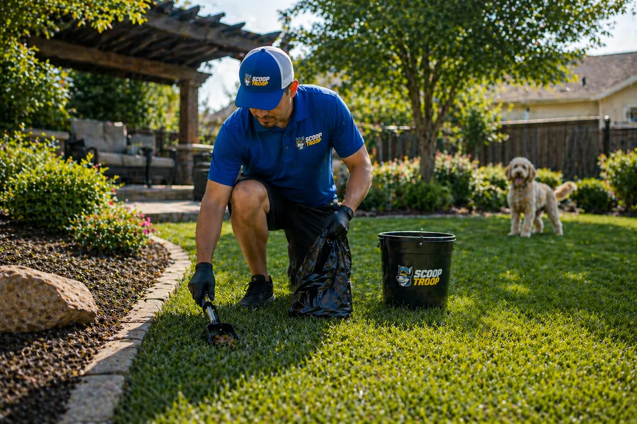 Scoop Troop technician in blue uniform kneeling in a lush backyard scooping waste while a happy goldendoodle watches