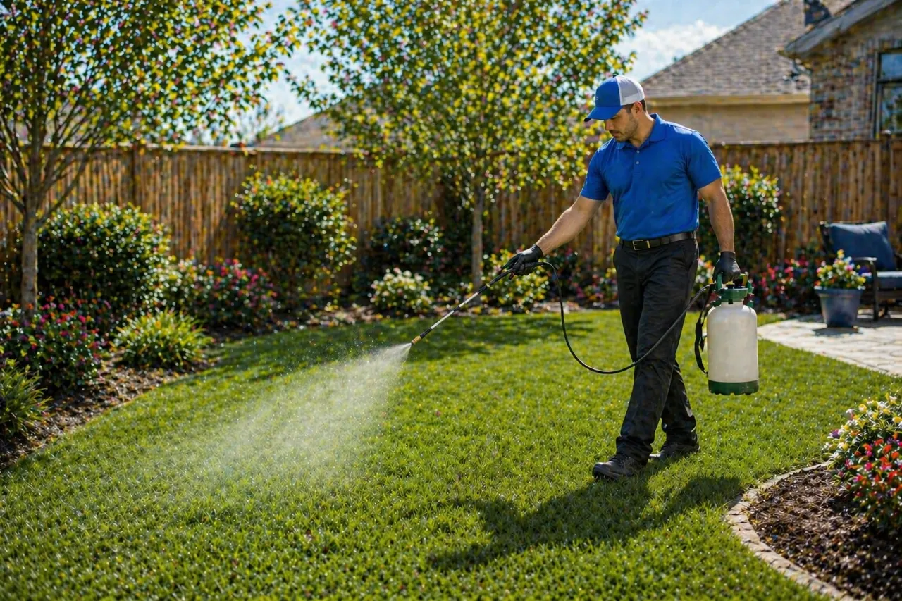 Scoop Troop technician in blue uniform spraying plant-based deodorizer across a sunny backyard lawn with a tank sprayer