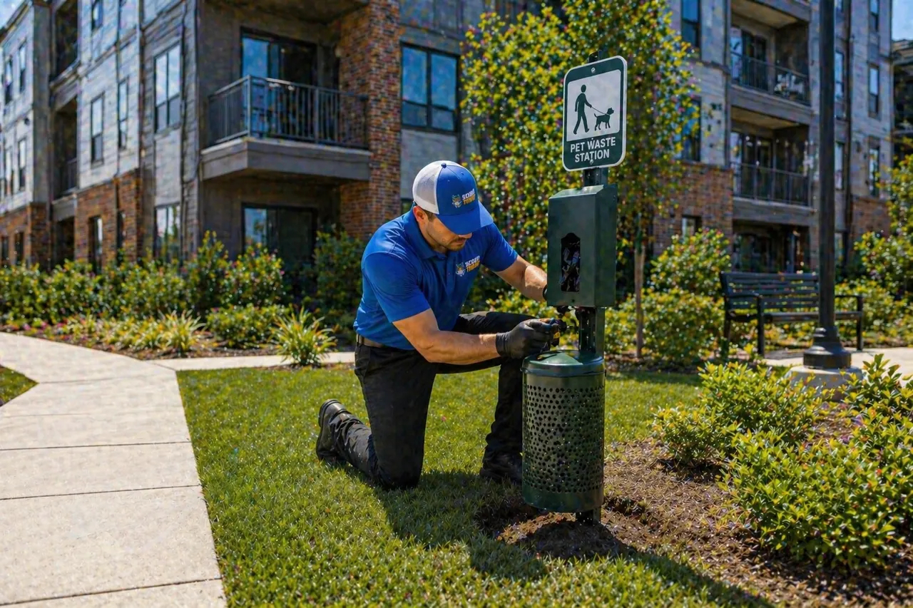 Scoop Troop technician kneeling to service and restock a pet waste station outside a landscaped apartment community