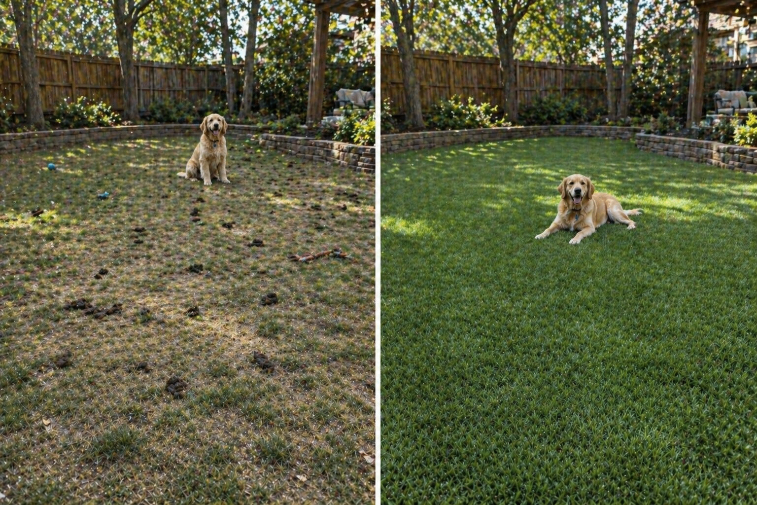 Before and after a Scoop Troop visit — same yard, same dog, cleared and ready for the family.